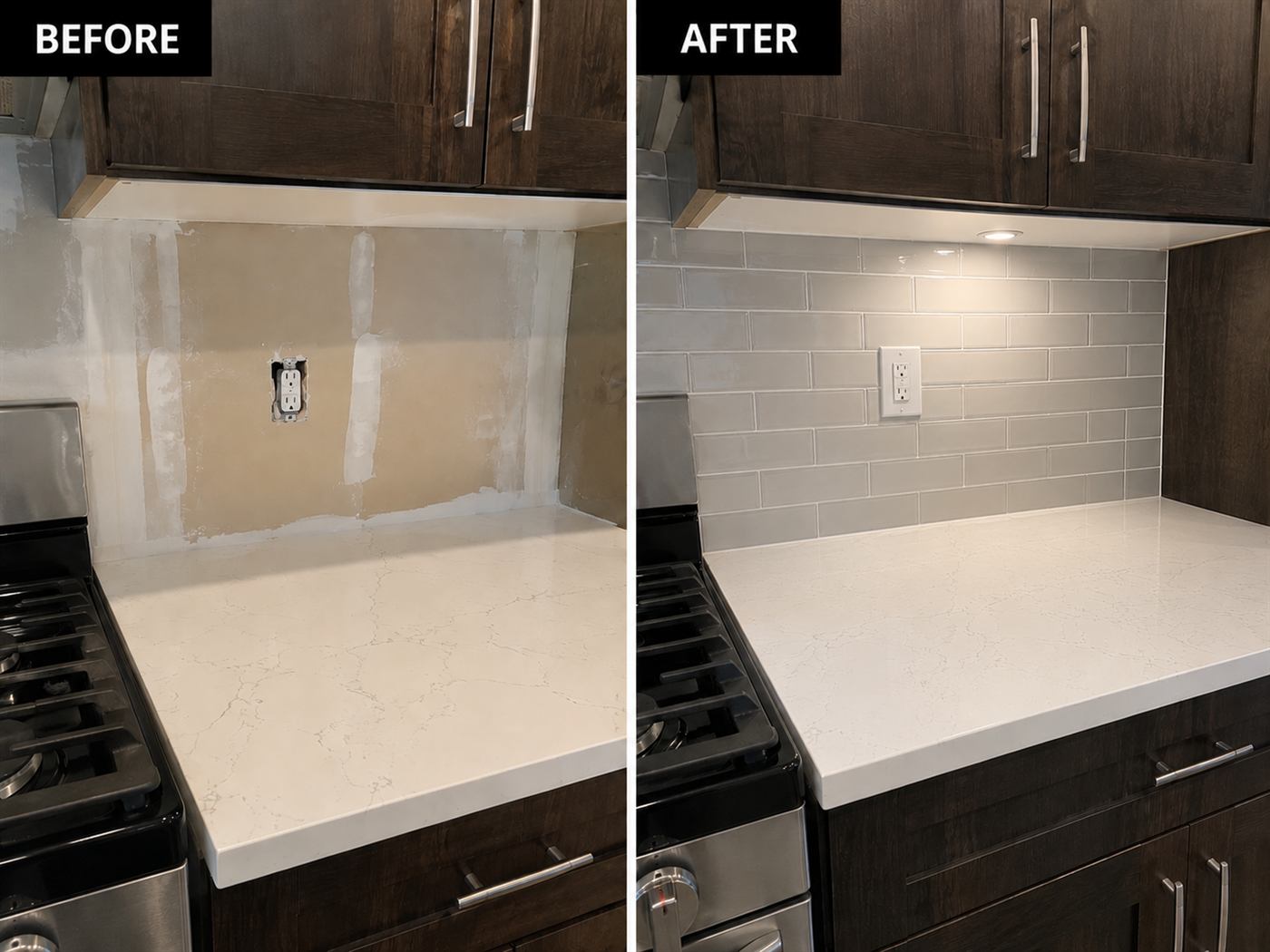 Kitchen subway tile backsplash installation — before and after — Tuscany, Calgary