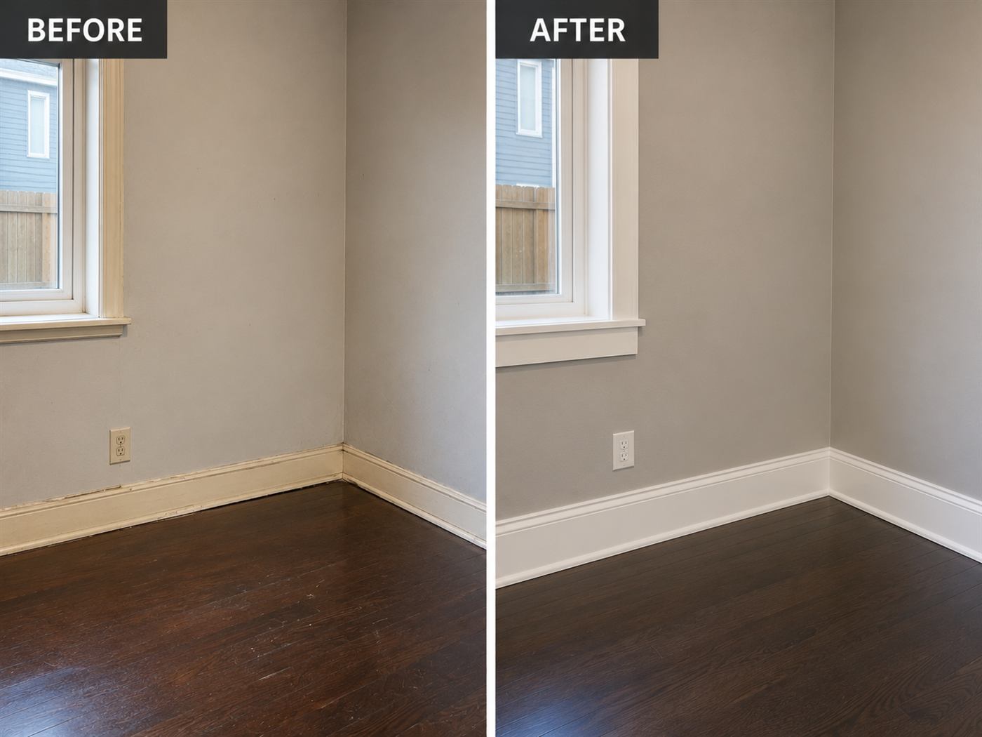Baseboard and window trim replacement — before and after — Killarney, Calgary