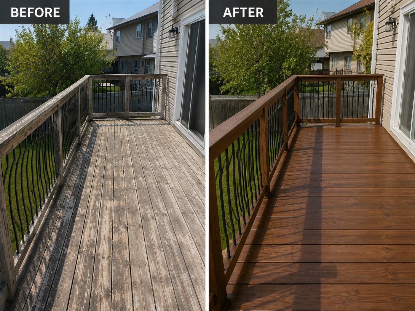 Deck board and railing restoration — before and after — Bridlewood, Calgary