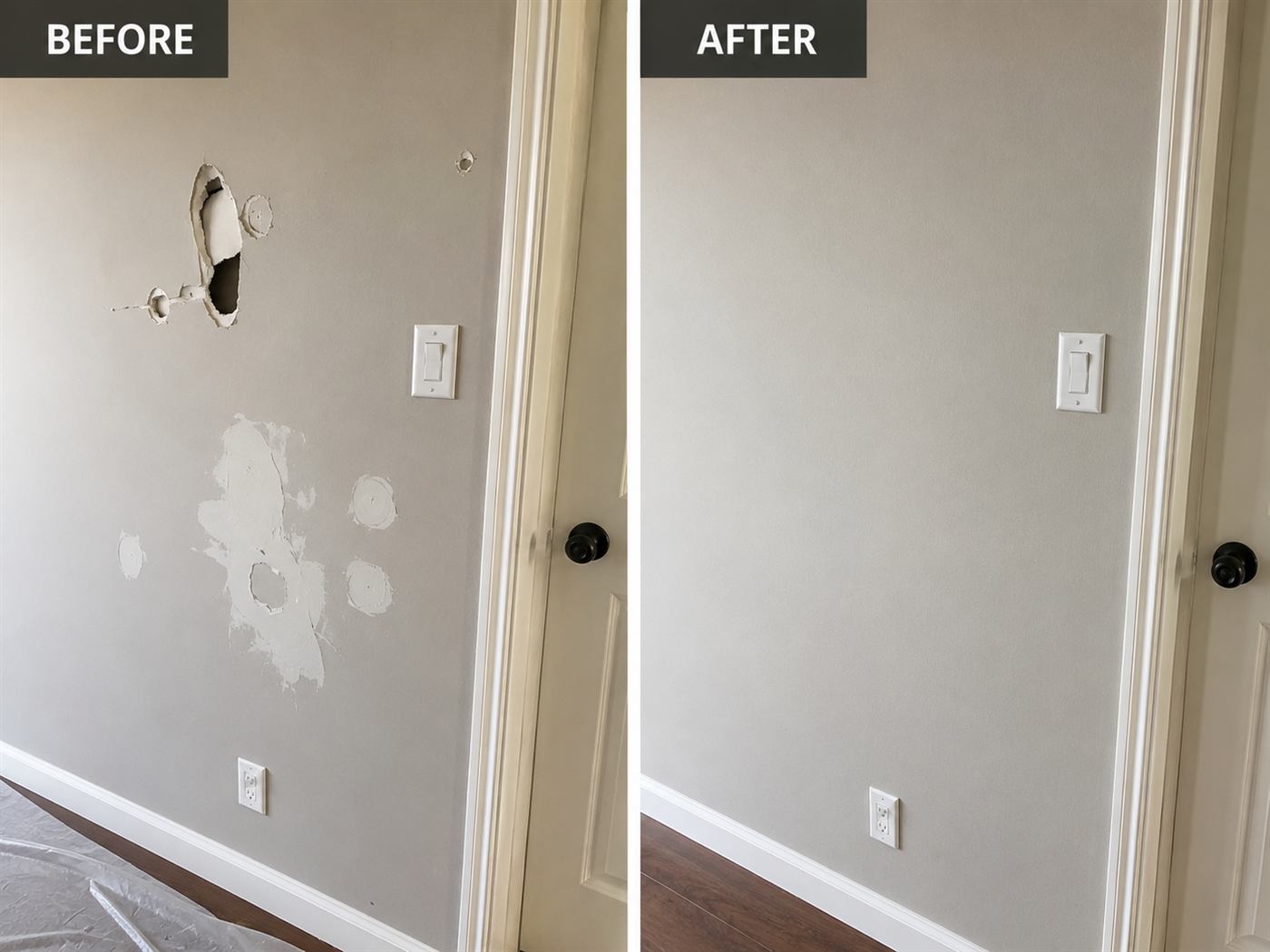 Drywall patch and paint repair — before and after — Bridgeland, Calgary