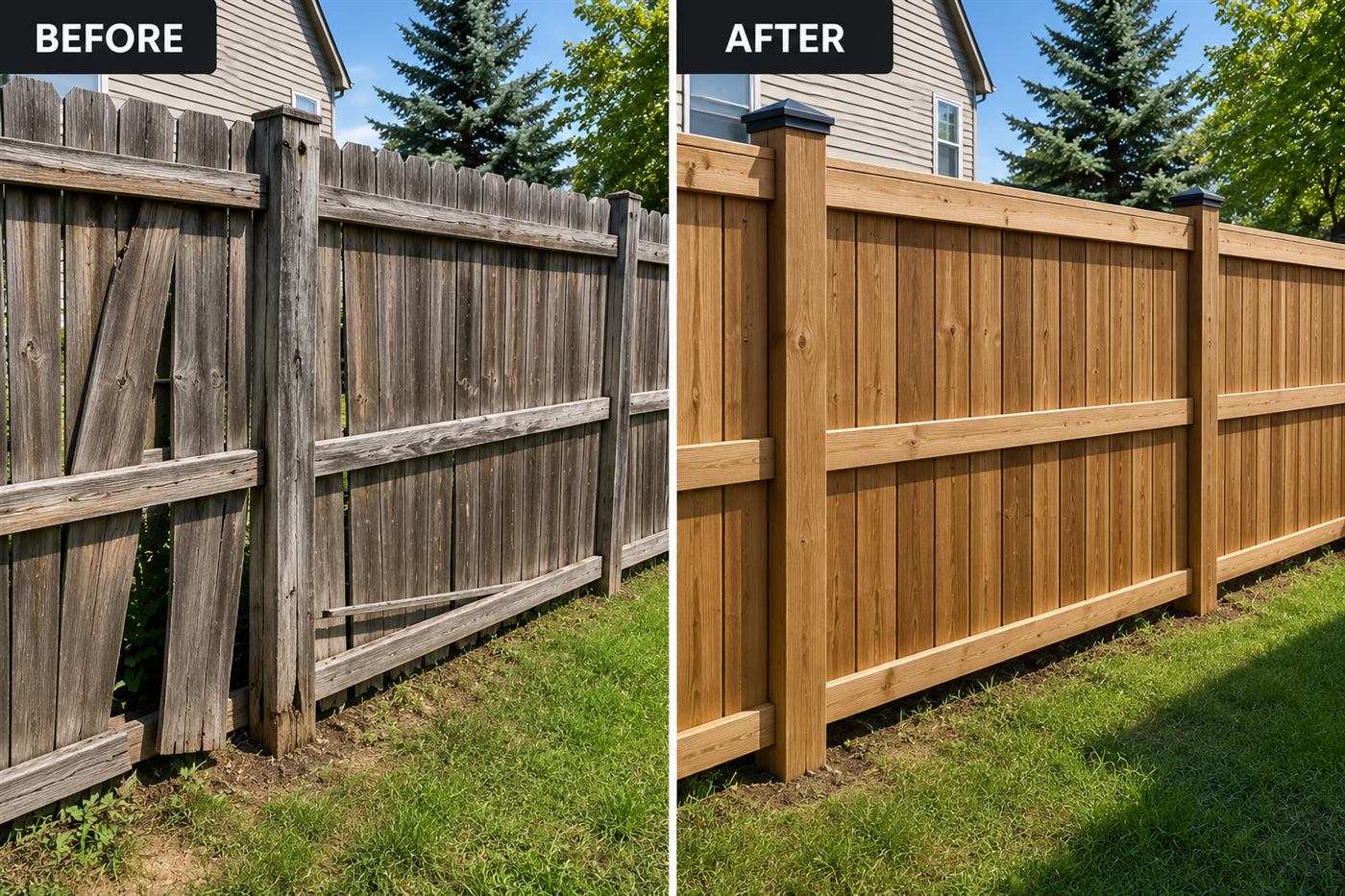 Wood fence panel and post replacement — before and after — Airdrie, AB