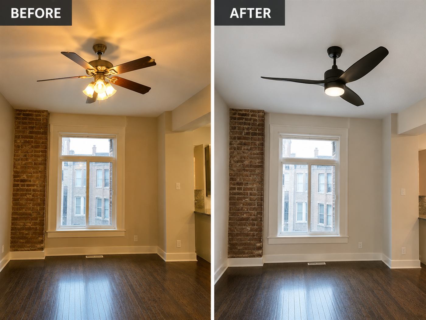 Ceiling fan and light fixture replacement — before and after — Beltline, Calgary
