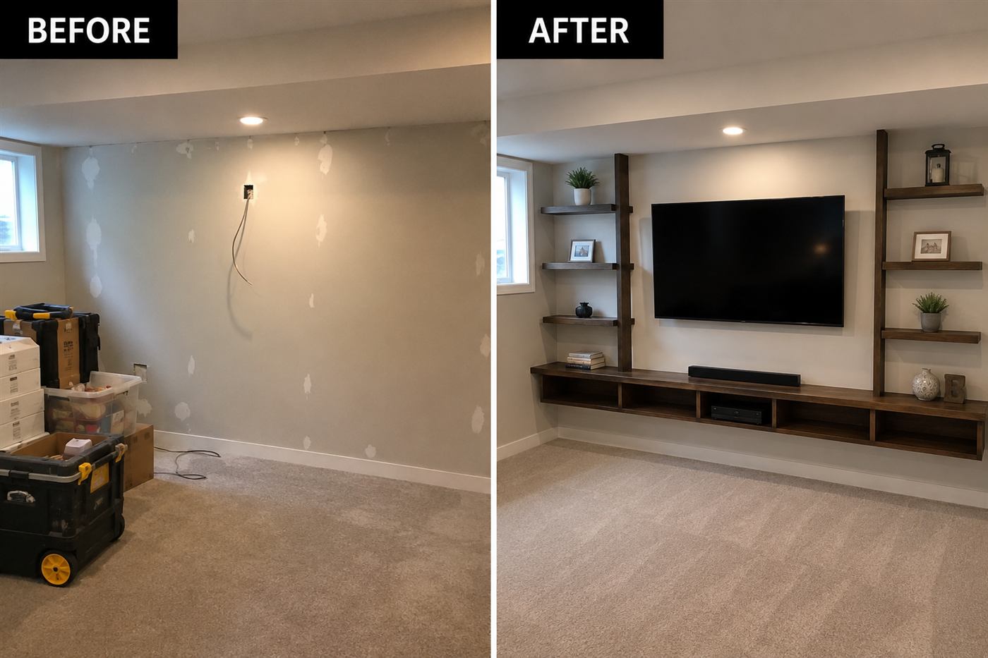 Basement built-in shelving and TV mount — before and after — Signal Hill, Calgary